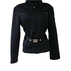 London Jean Black Fitted Casual Biker/Moto Style Jacket Stretch Waist Belt SMALL